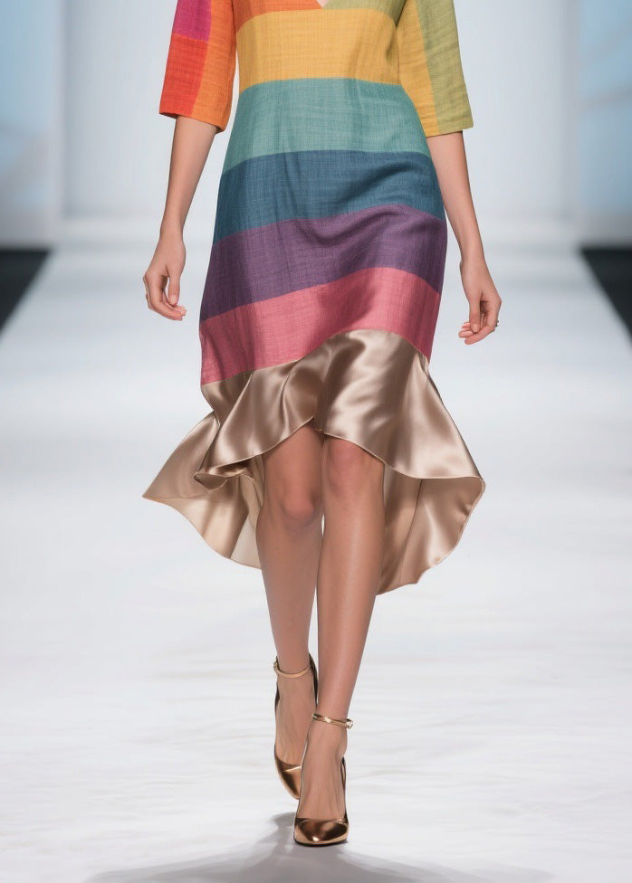 Stylish Colorblock V Neck Patchwork Linen Silk Dresses Summer