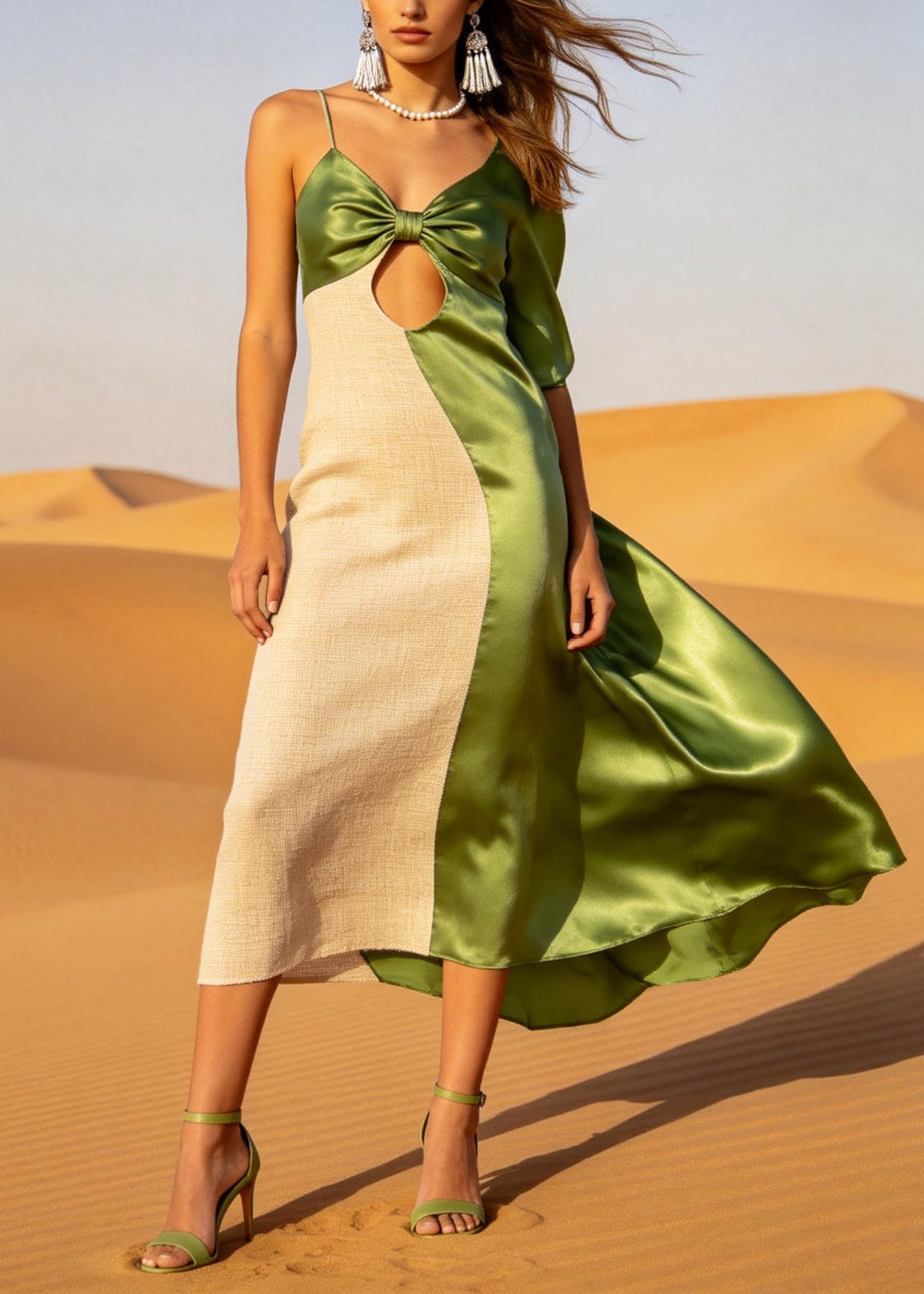 Stylish ColorblockC Asymmetrical Patchwork Hollow Out Linen Silk Dress Summer