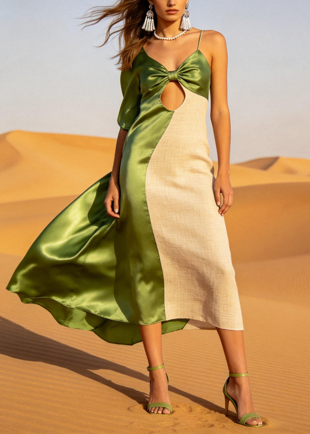 Stylish ColorblockC Asymmetrical Patchwork Hollow Out Linen Silk Dress Summer