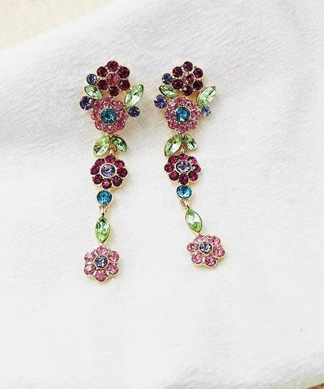Stylish Colorful Floral Alloy Imitation Zircon Silver Needle Long Drop Earrings
