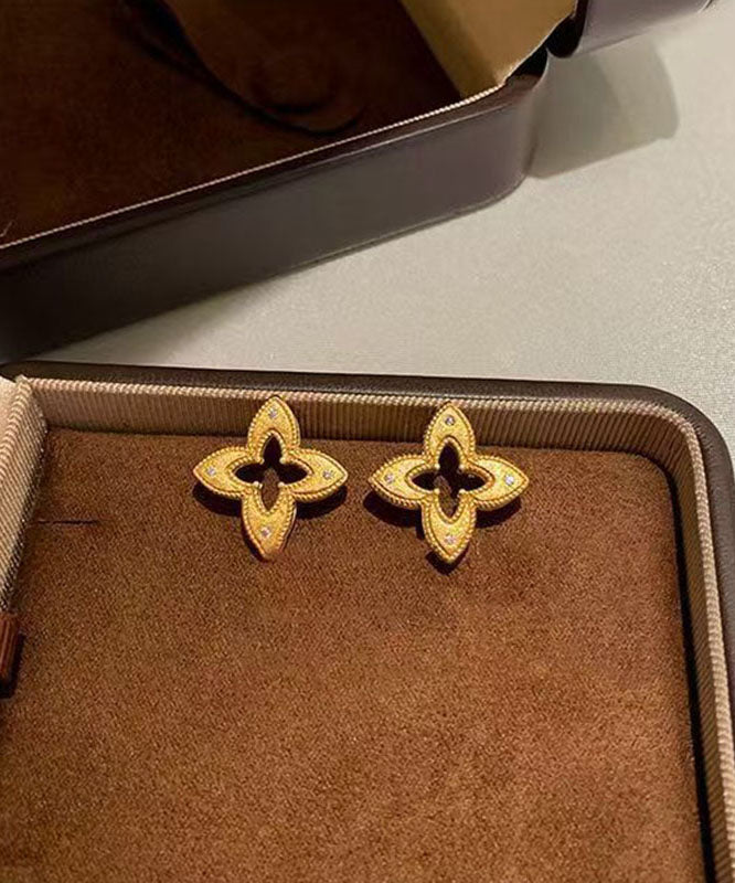 Stylish Copper Overgild Zircon Hollow Out Four-Leaf Clover Stud Earrings