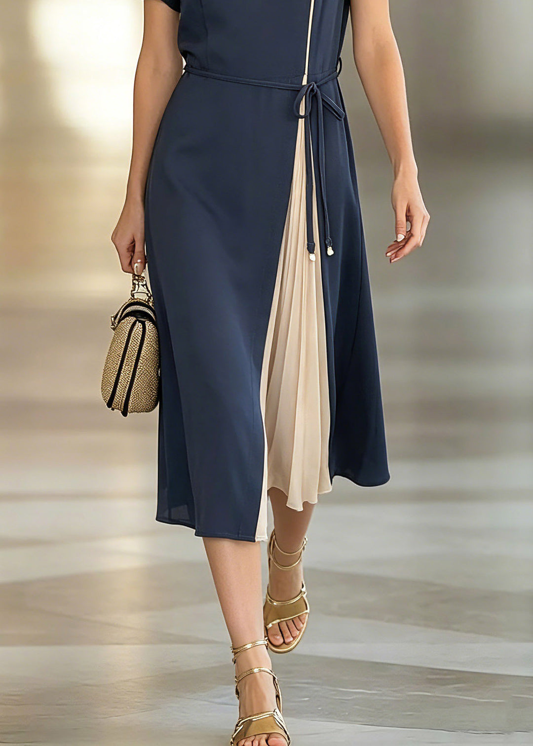 Stylish Dark Blue O-Neck Asymmetrical Patchwork Tie Waist Chiffon Maxi Dresses Short Sleeve