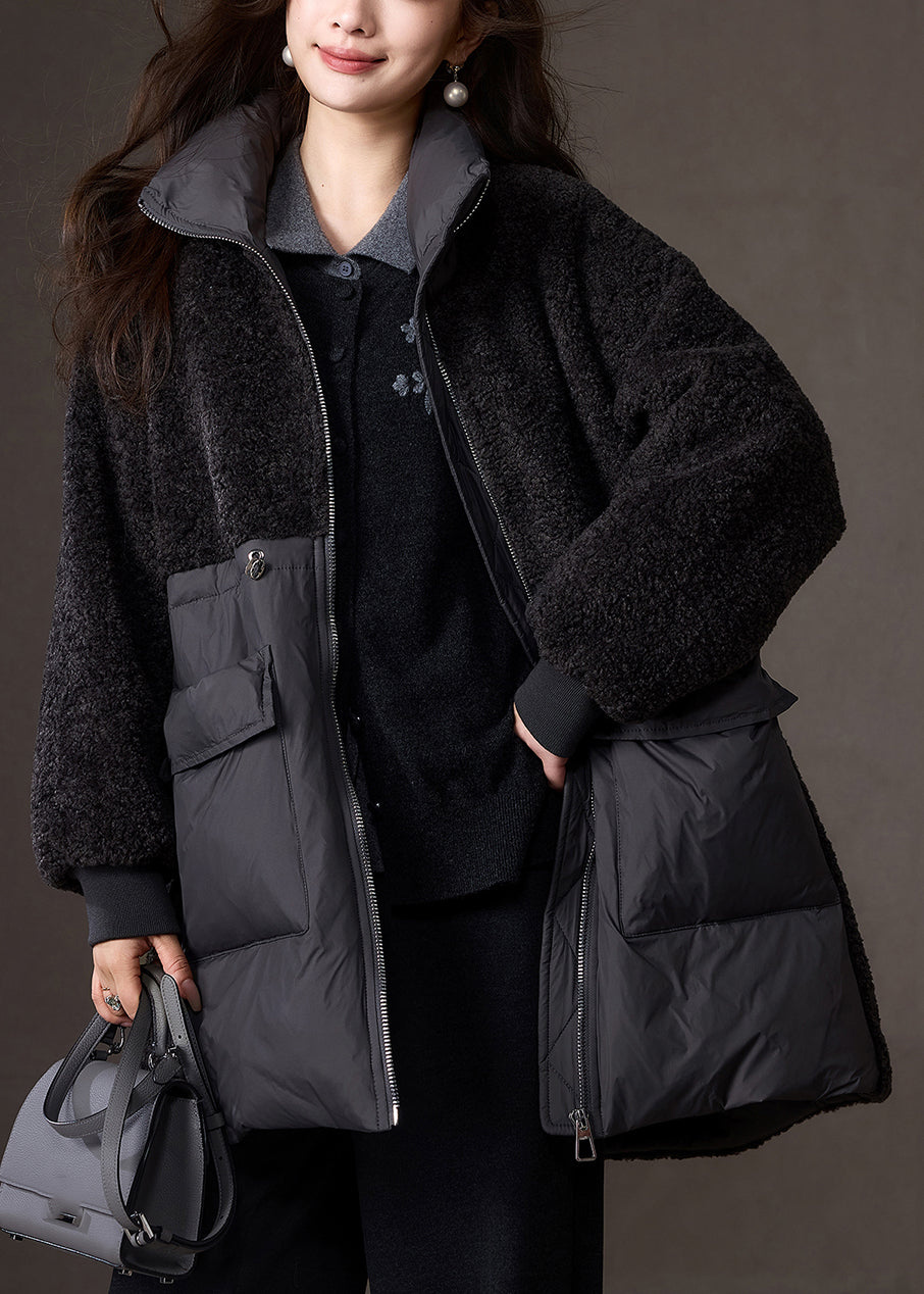 Stylish Dark Grey Peter Pan Collar Faux Fur Patchwork Down Coat Winter