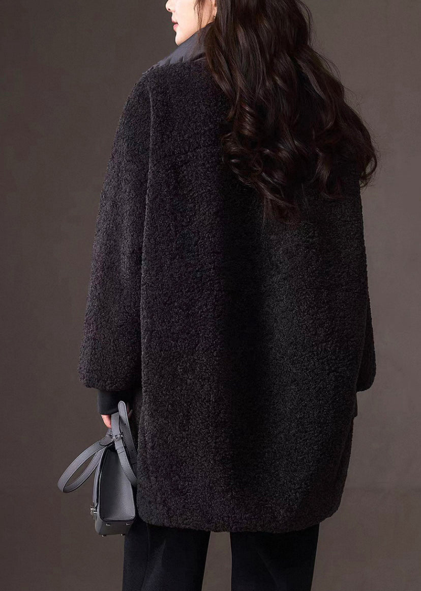 Stylish Dark Grey Peter Pan Collar Faux Fur Patchwork Down Coat Winter