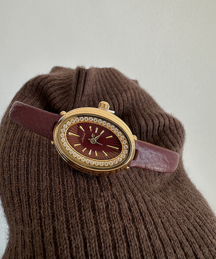 Stylish Dark Red Leather Zircon Hardlex Crystal Watches
