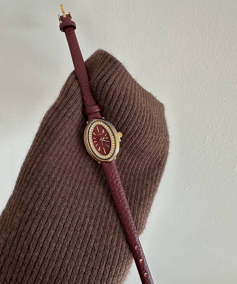 Stylish Dark Red Leather Zircon Hardlex Crystal Watches