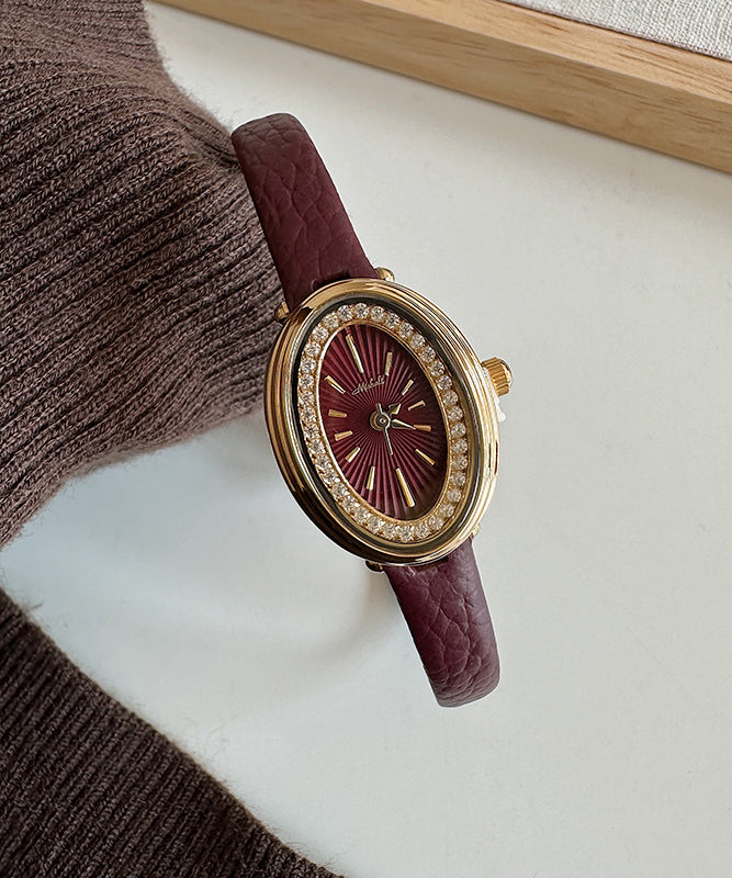Stylish Dark Red Leather Zircon Hardlex Crystal Watches