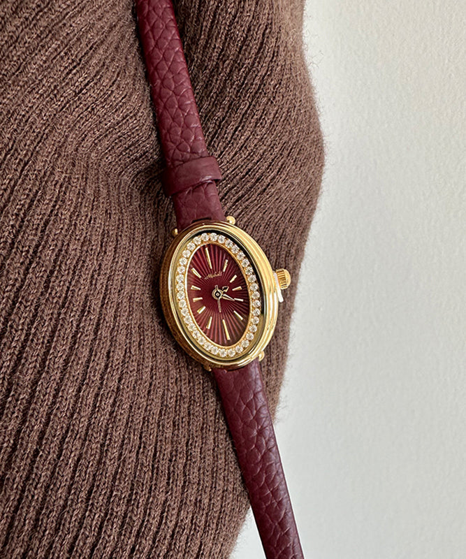Stylish Dark Red Leather Zircon Hardlex Crystal Watches