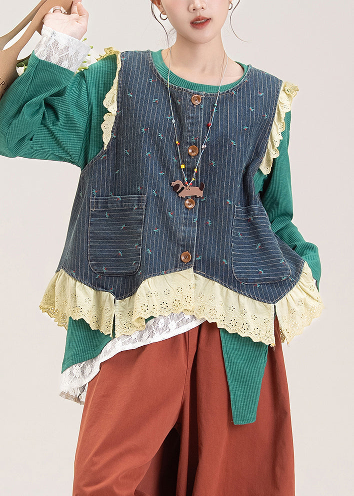 Stylish Denim Blue Lace Patchwork Embroidered Waistcoat And Top Two Pieces Set Fall