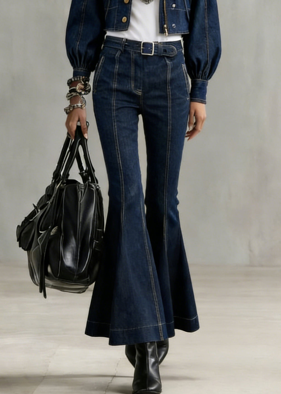 Stylish Denim Blue Peter Pan Collar Button Coats And Flared Jeans Spring
