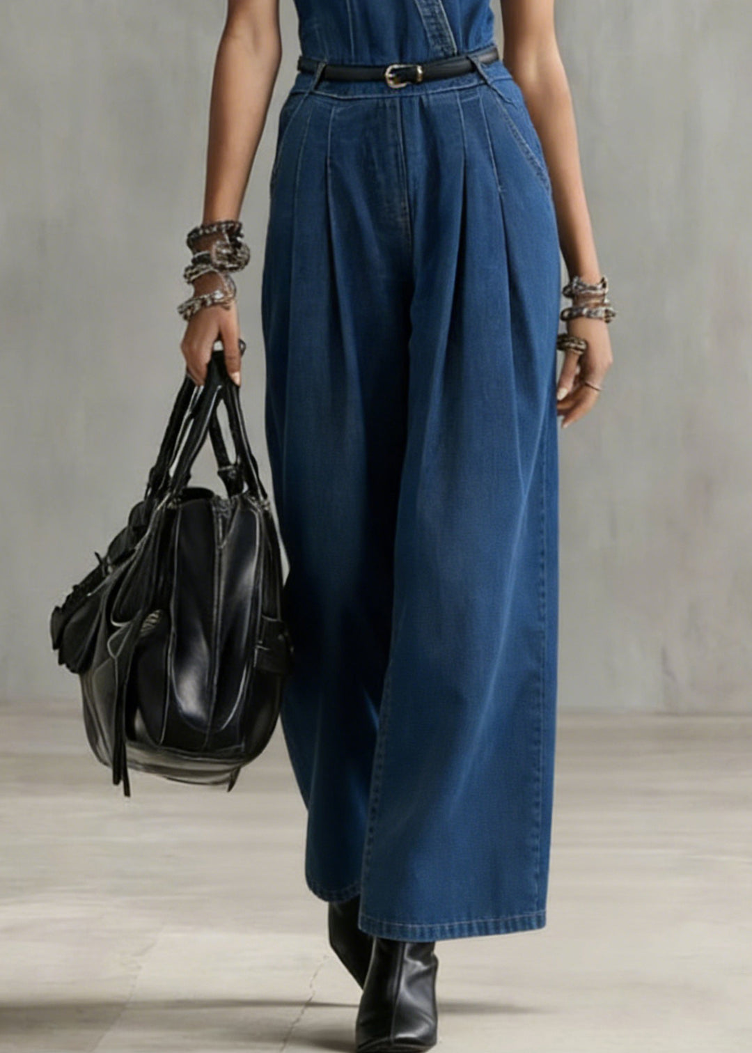 Stylish Denim Blue V Neck Tunic Sashes Jumpsuit Sleeveless