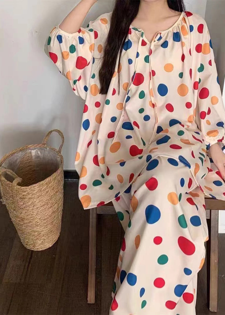 Stylish Dot Lace Up Cotton Tops And Pants Pajamas Two Pieces Set Fall