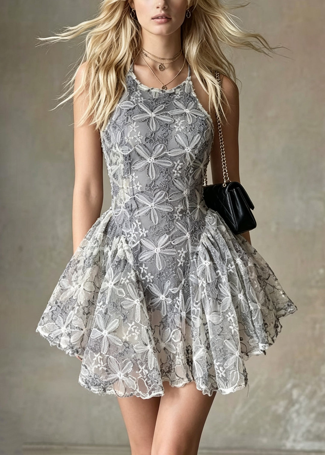 Stylish Embroidered Floral Tulle Mini Dress Summer