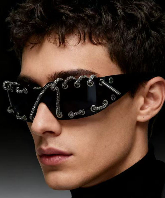 Stylish Frameless Punk Sparkling Diamond Sunglasses With Metal Ring Rivets