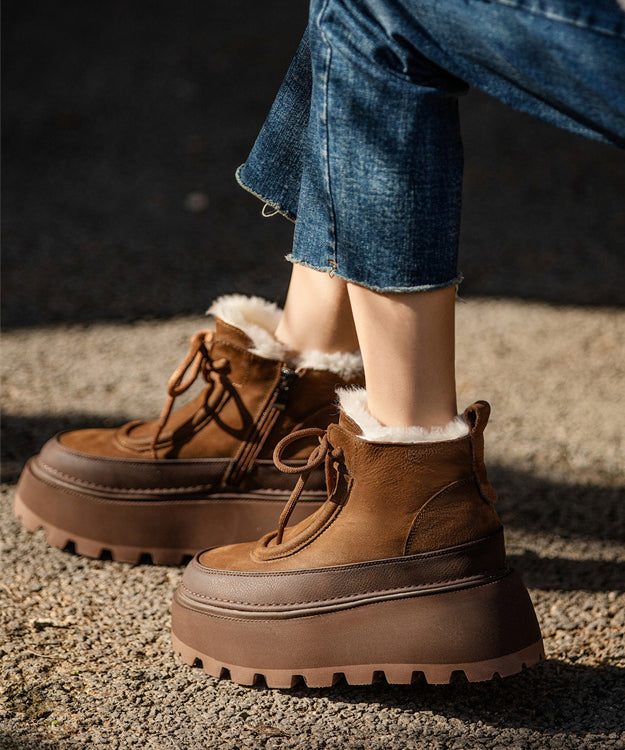 Stylish Fuzzy Wool Lined Splicing Platform Boots Brown Cowhide Leather