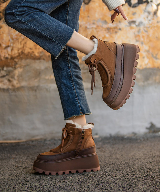 Stylish Fuzzy Wool Lined Splicing Platform Boots Brown Cowhide Leather