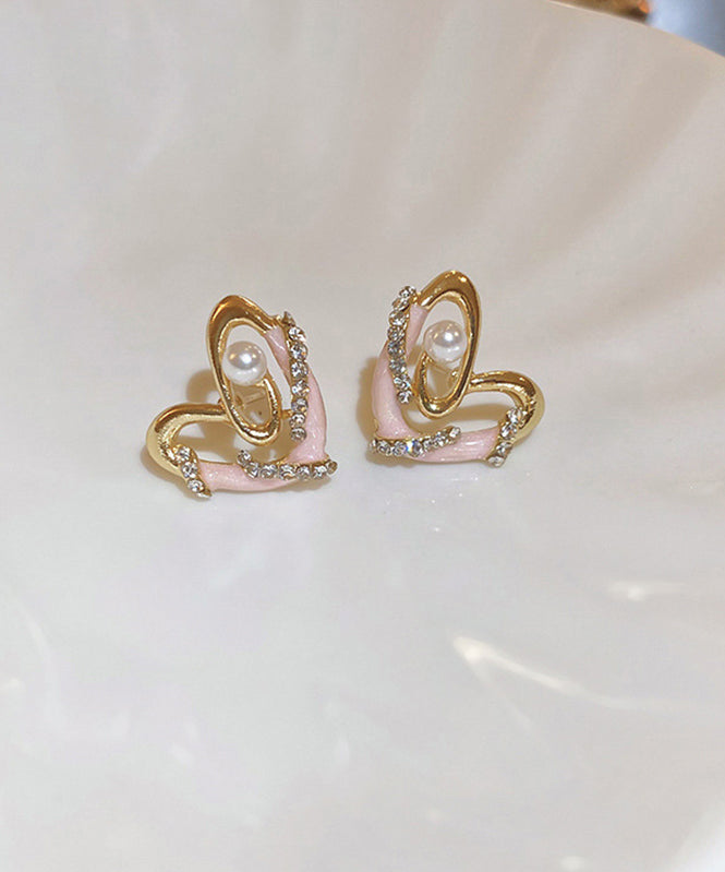 Stylish Gold Alloy Pearl Zircon Drip Glaze Love Stud Earrings