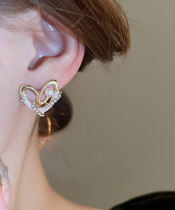 Stylish Gold Alloy Pearl Zircon Drip Glaze Love Stud Earrings