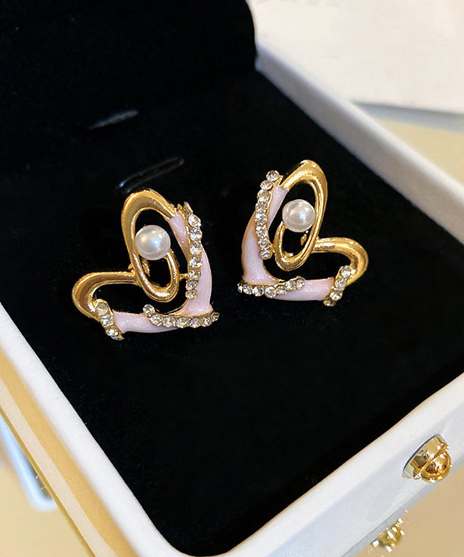 Stylish Gold Alloy Pearl Zircon Drip Glaze Love Stud Earrings