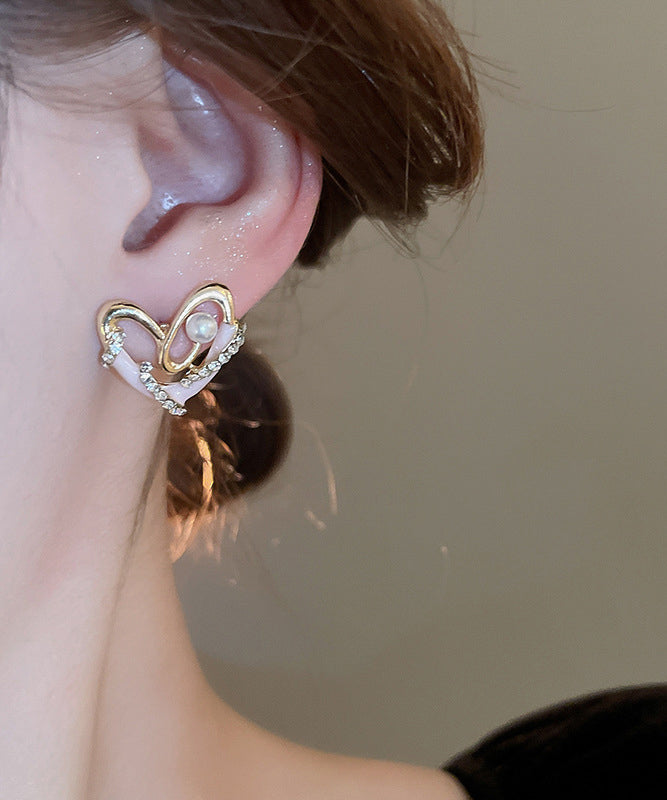 Stylish Gold Alloy Pearl Zircon Drip Glaze Love Stud Earrings