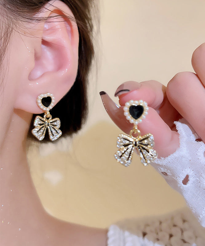 Stylish Gold Alloy Zircon Pearl Drop Glaze Love Butterfly Drop Earrings
