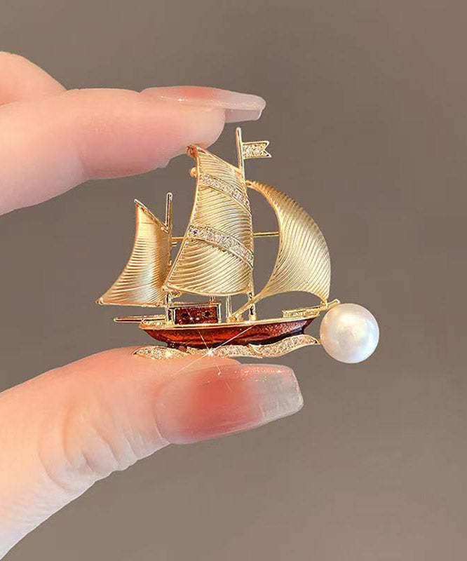 Stylish Gold Alloy Zircon Pearl Smooth Sailing Brooches