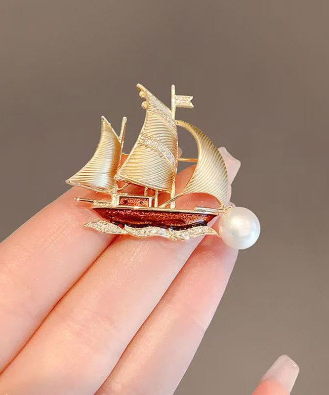 Stylish Gold Alloy Zircon Pearl Smooth Sailing Brooches