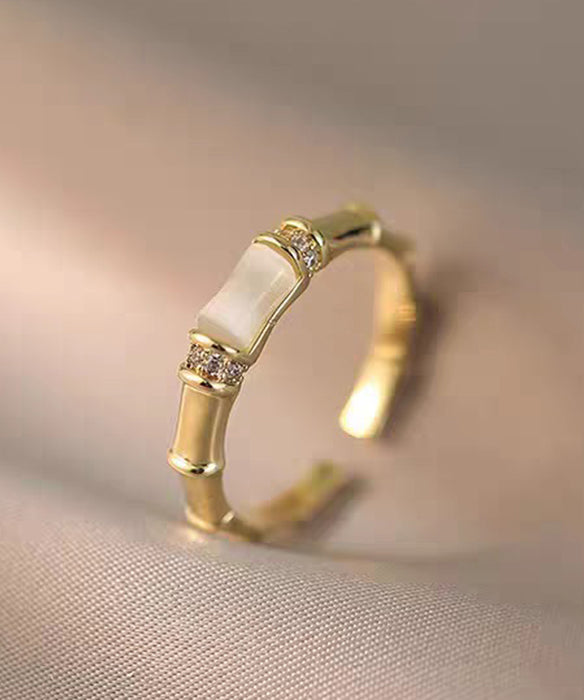 Stylish Gold Cat's Eeye Chalcedony Bamboo Joint Gold Plated Open Mouth Rings - Omychic