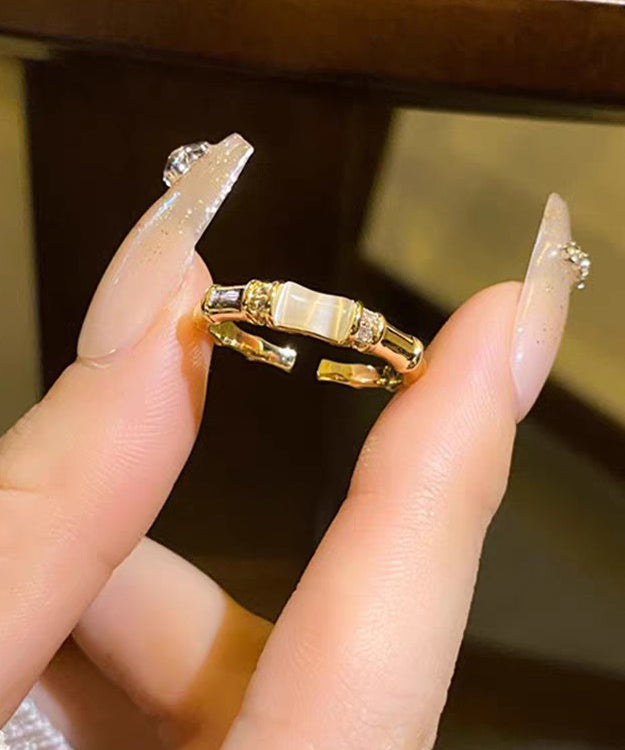 Stylish Gold Cat's Eeye Chalcedony Bamboo Joint Gold Plated Open Mouth Rings - Omychic