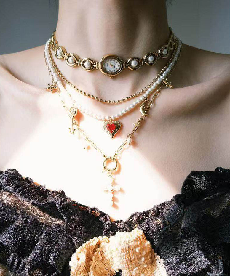 Stylish Gold Clock Love Pearl Layering Titanium Steel Two Piece Set Pendant Necklace