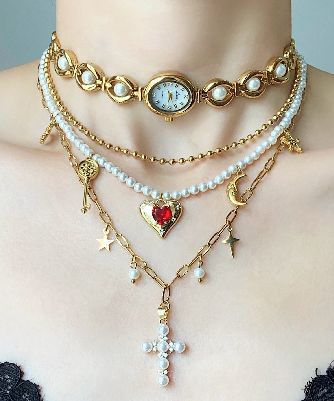 Stylish Gold Clock Love Pearl Layering Titanium Steel Two Piece Set Pendant Necklace