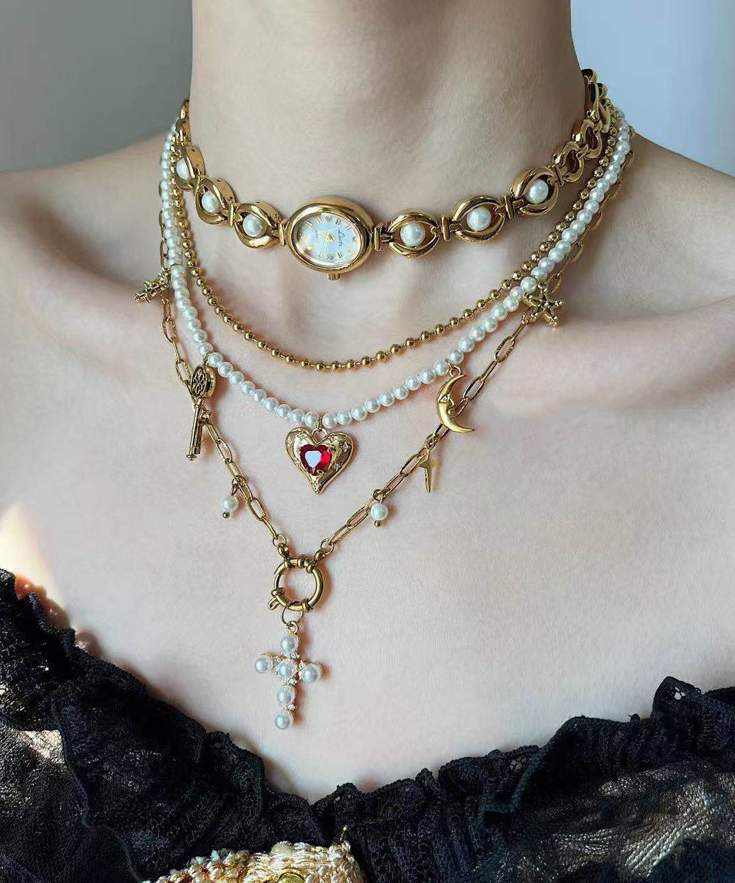 Stylish Gold Clock Love Pearl Layering Titanium Steel Two Piece Set Pendant Necklace