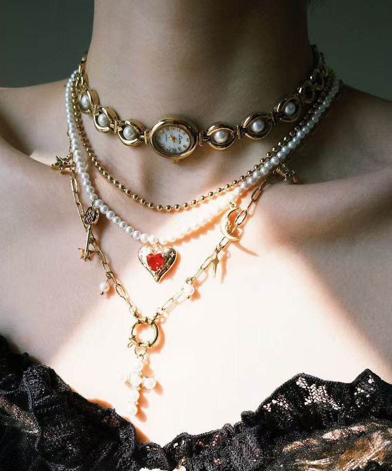 Stylish Gold Clock Love Pearl Layering Titanium Steel Two Piece Set Pendant Necklace