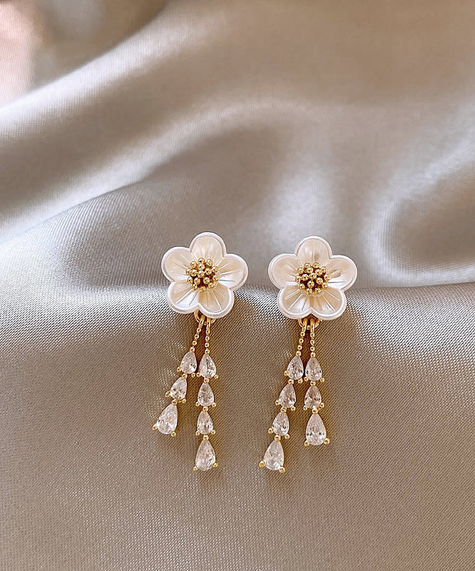 Stylish Gold Copper Alloy Zircon Floral Water Drop Tassel Drop Earrings