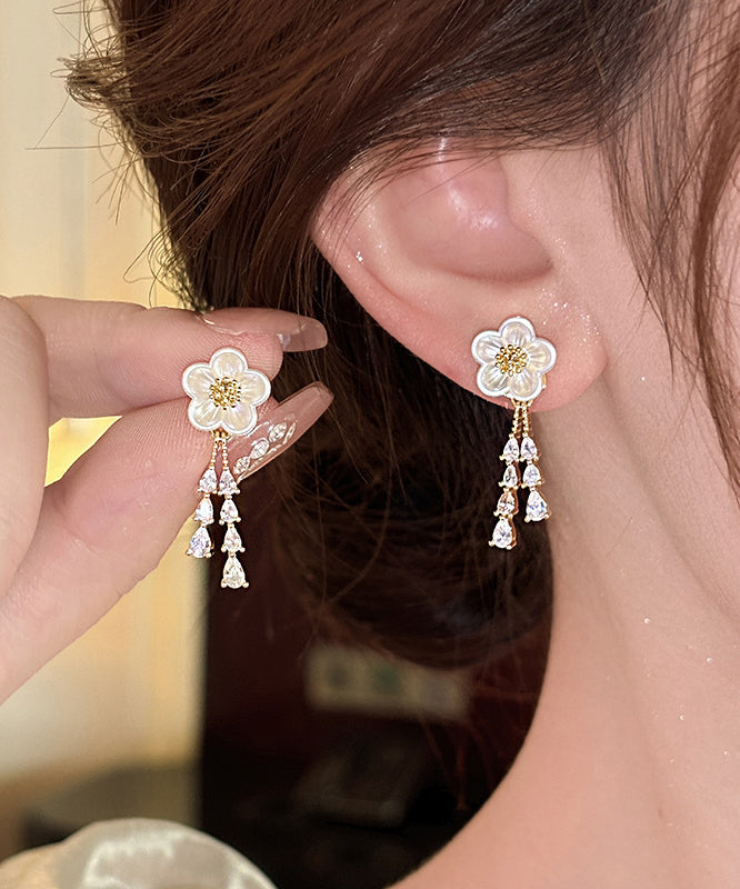 Stylish Gold Copper Alloy Zircon Floral Water Drop Tassel Drop Earrings