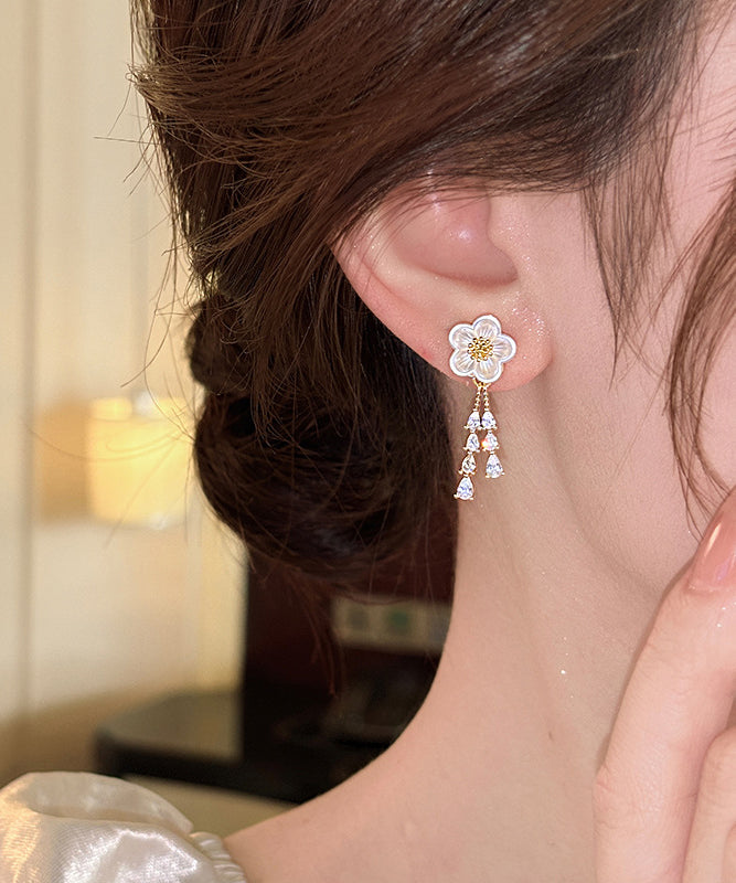 Stylish Gold Copper Alloy Zircon Floral Water Drop Tassel Drop Earrings