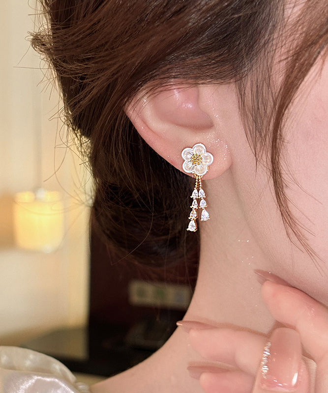 Stylish Gold Copper Alloy Zircon Floral Water Drop Tassel Drop Earrings