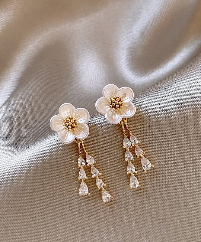 Stylish Gold Copper Alloy Zircon Floral Water Drop Tassel Drop Earrings