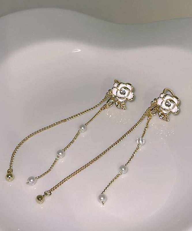 Stylish Gold Copper Overgild Floral Pearl Chain Tassel Drop Earrings