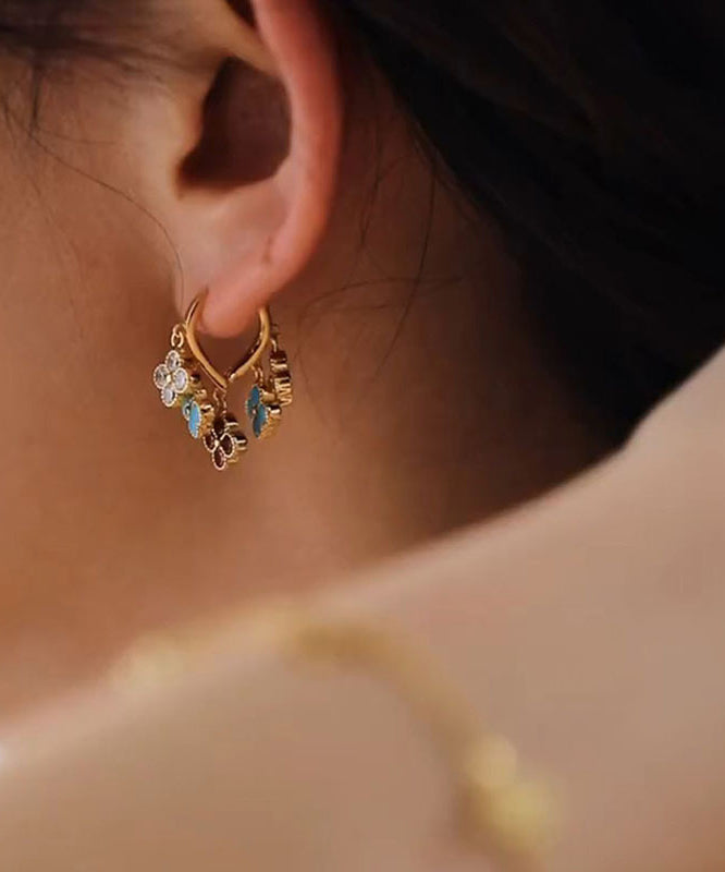 Stylish Gold Copper Overgild Four-Leaf Clover Tassel Hoop Earrings