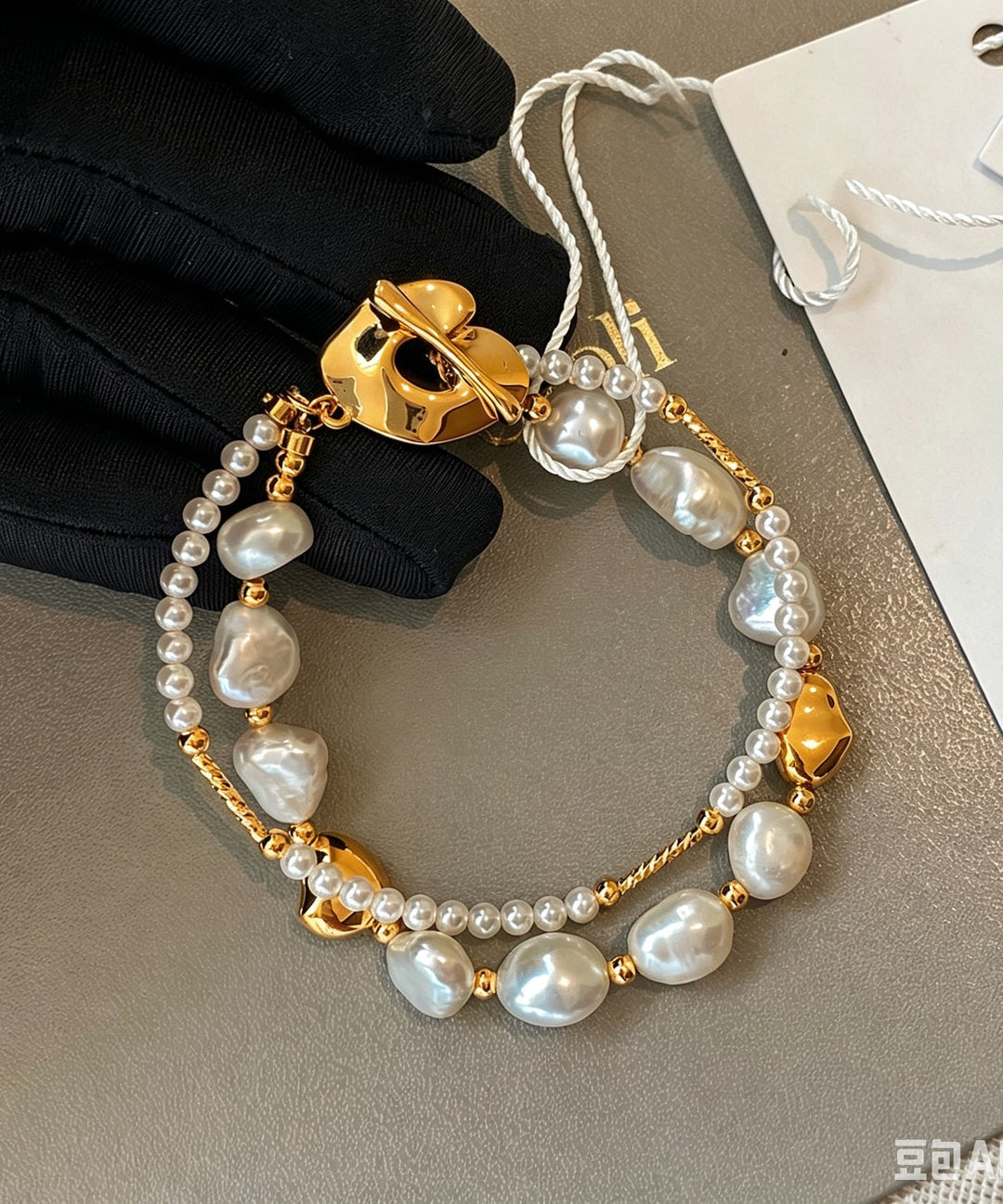 Stylish Gold Copper Overgild Pearl Double Layer Charm Bracelet