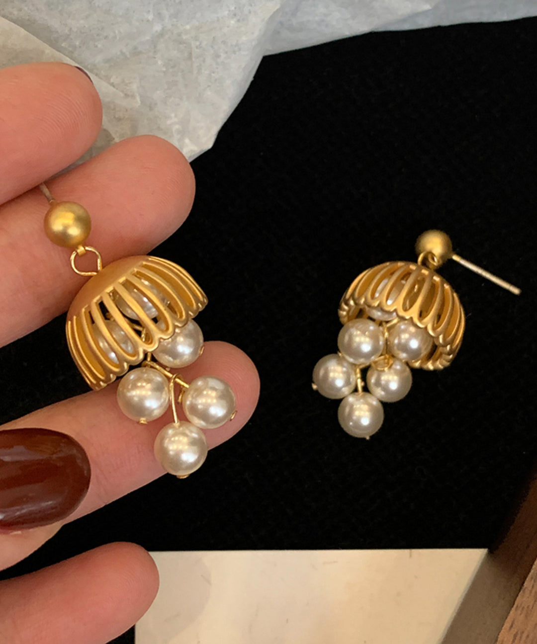 Stylish Gold Copper Overgild Pearl Small Bell Tassel Drop Earrings