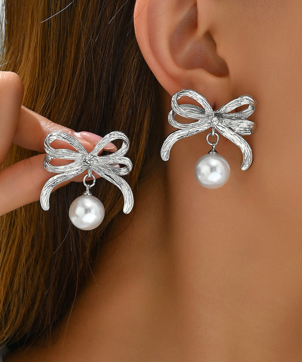 Stylish Gold Copper Overgild Zircon Bow Pearl Drop Earrings