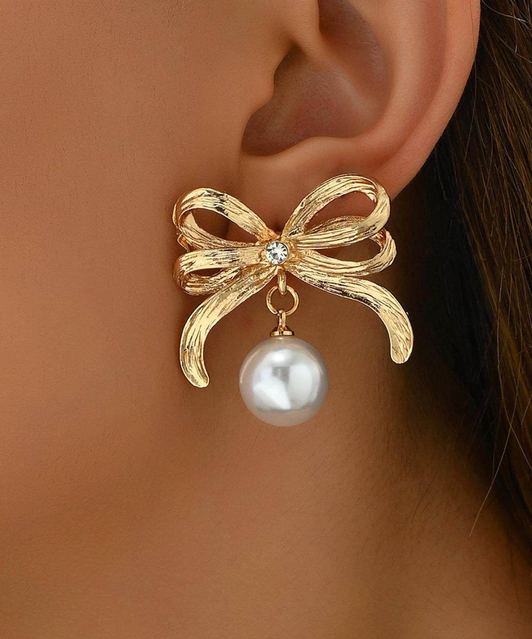 Stylish Gold Copper Overgild Zircon Bow Pearl Drop Earrings