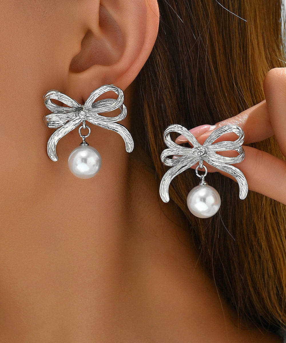 Stylish Gold Copper Overgild Zircon Bow Pearl Drop Earrings