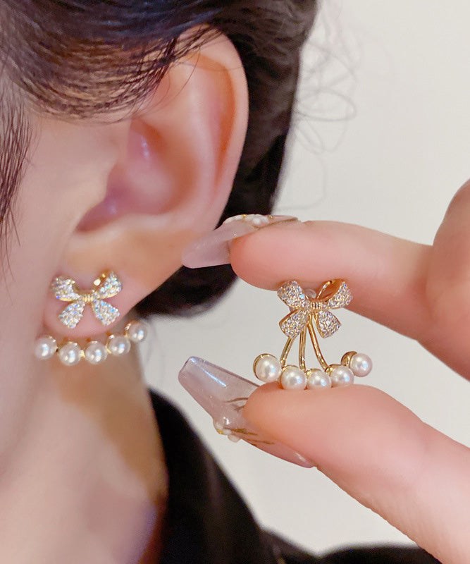 Stylish Gold Copper Overgild Zircon Bow Pearl Stud Earrings