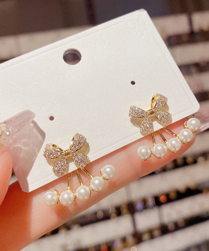 Stylish Gold Copper Overgild Zircon Bow Pearl Stud Earrings