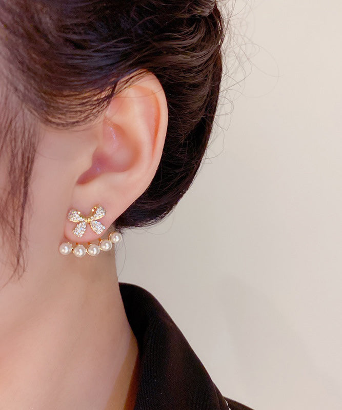 Stylish Gold Copper Overgild Zircon Bow Pearl Stud Earrings