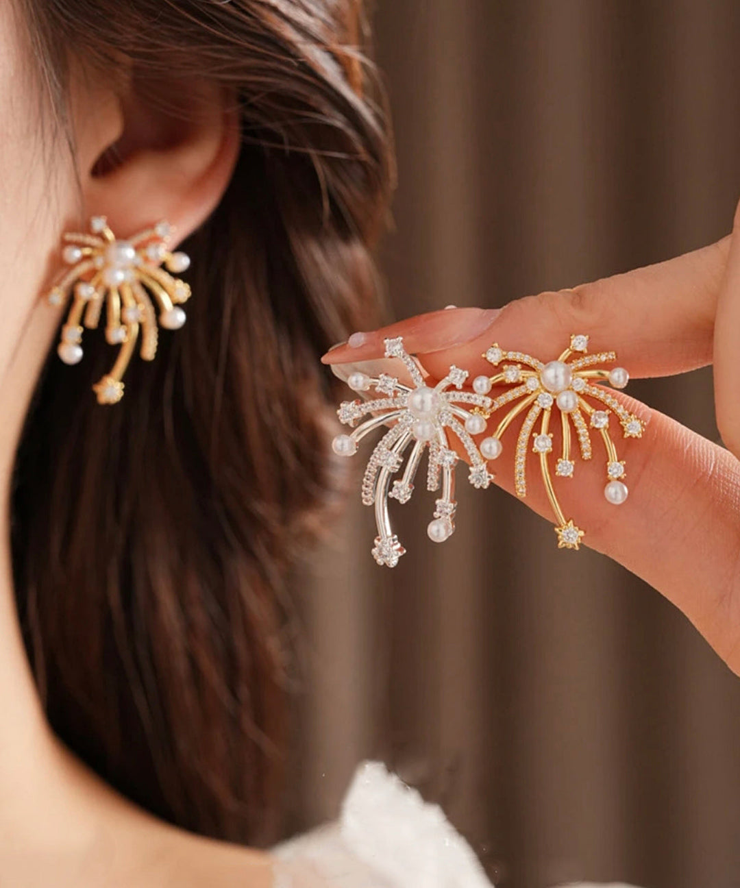 Stylish Gold Copper Overgild Zircon Fireworks Pearl Stud Earrings