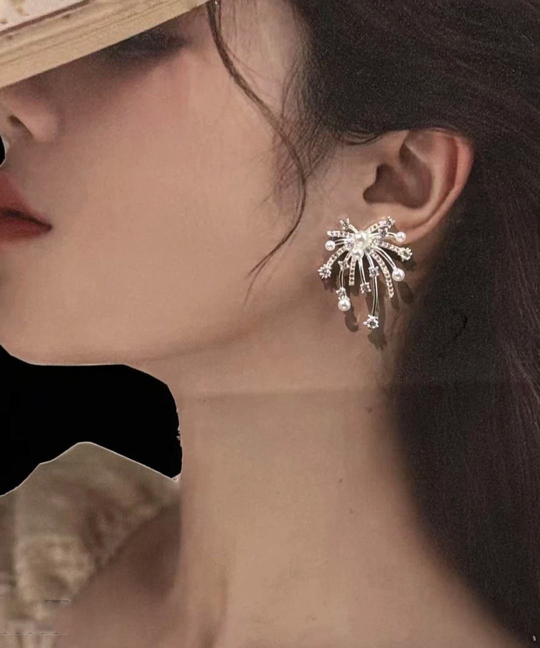 Stylish Gold Copper Overgild Zircon Fireworks Pearl Stud Earrings